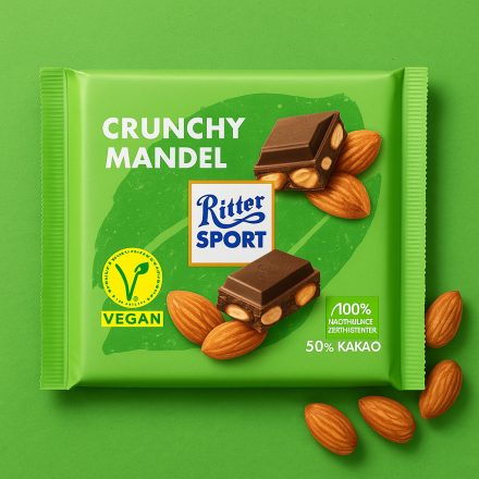 Ritter Sport-Félkeserű csokoládé egész mandulával(21%),mogyorómasszával(3%) és ropogós quinoával(3%). Vegán.