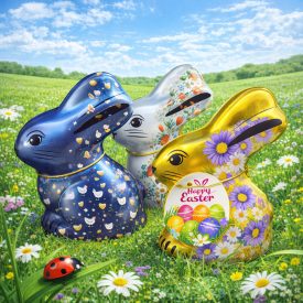   Tejcsokoládé praliné -tejkrémes töltelékkel,nyuszis fémdobozban.(Nyuszi magassága:14cm)