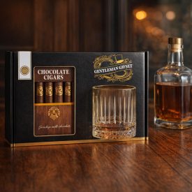   Gianduja krémmel töltött tejcsokoládé szivarok + whiskys pohár,ajándék dobozban.