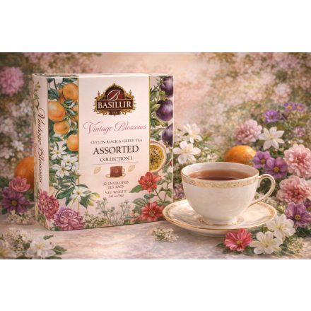 Basilur-Vintage Blossom-ízesített fekete és zöld tea ,fémdobozban.(32db filter)